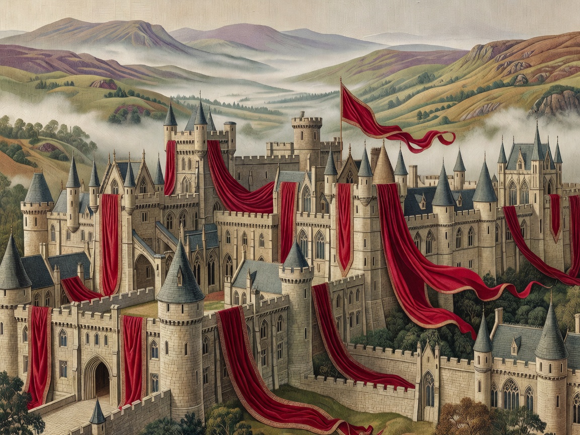 Monumental Camelot-inspired royal city tapestry, pale stone halls, long crimson banners, misty valleys