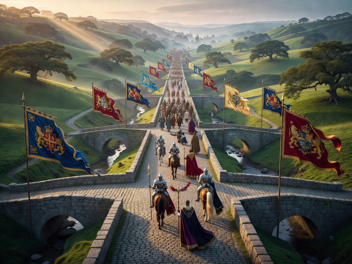 Breathtaking ceremonial road crossing a vast Camelot landscape, layered hills, stone bridges, heraldic banners