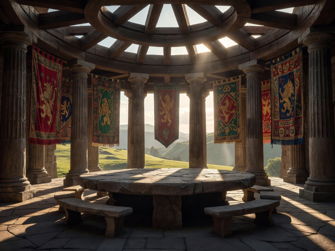 Monumental open ceremonial hall inspired by Camelot, circular stone table, woven banners, dramatic daylight